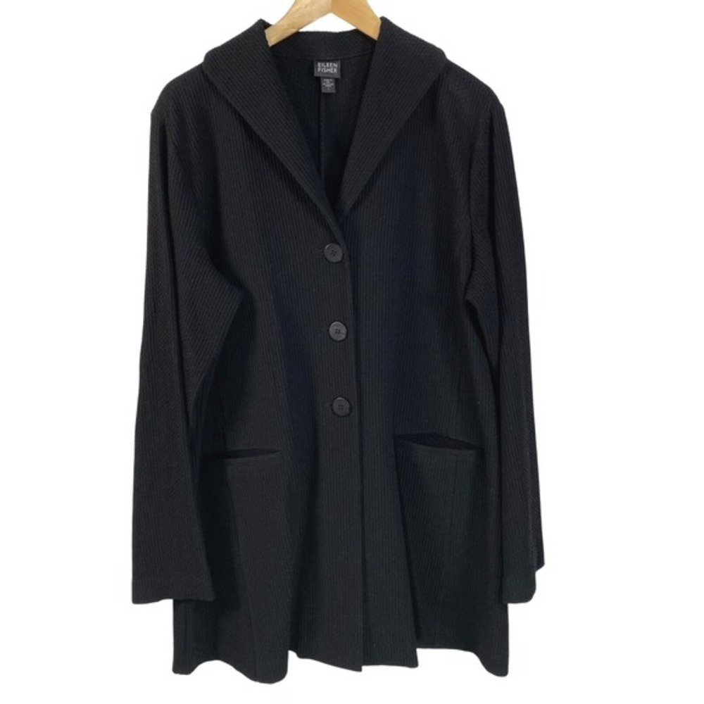 Eileen Fisher Jacket Womens‎ Large Black Button Front Textured Knit Pockets USA